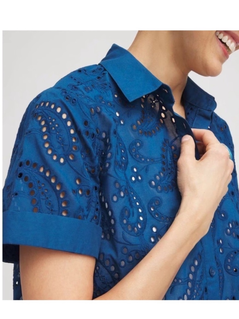 Chicos Paisley Eyelet Cutout Button Up
Top Seaport Blue Collared
